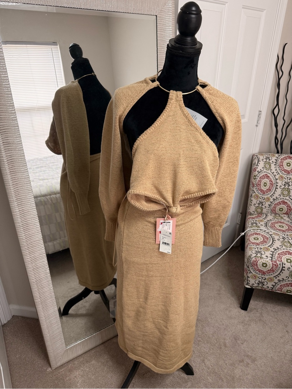 cult gaia Tan Knit Halter Midi Dress Set with Ring Detail